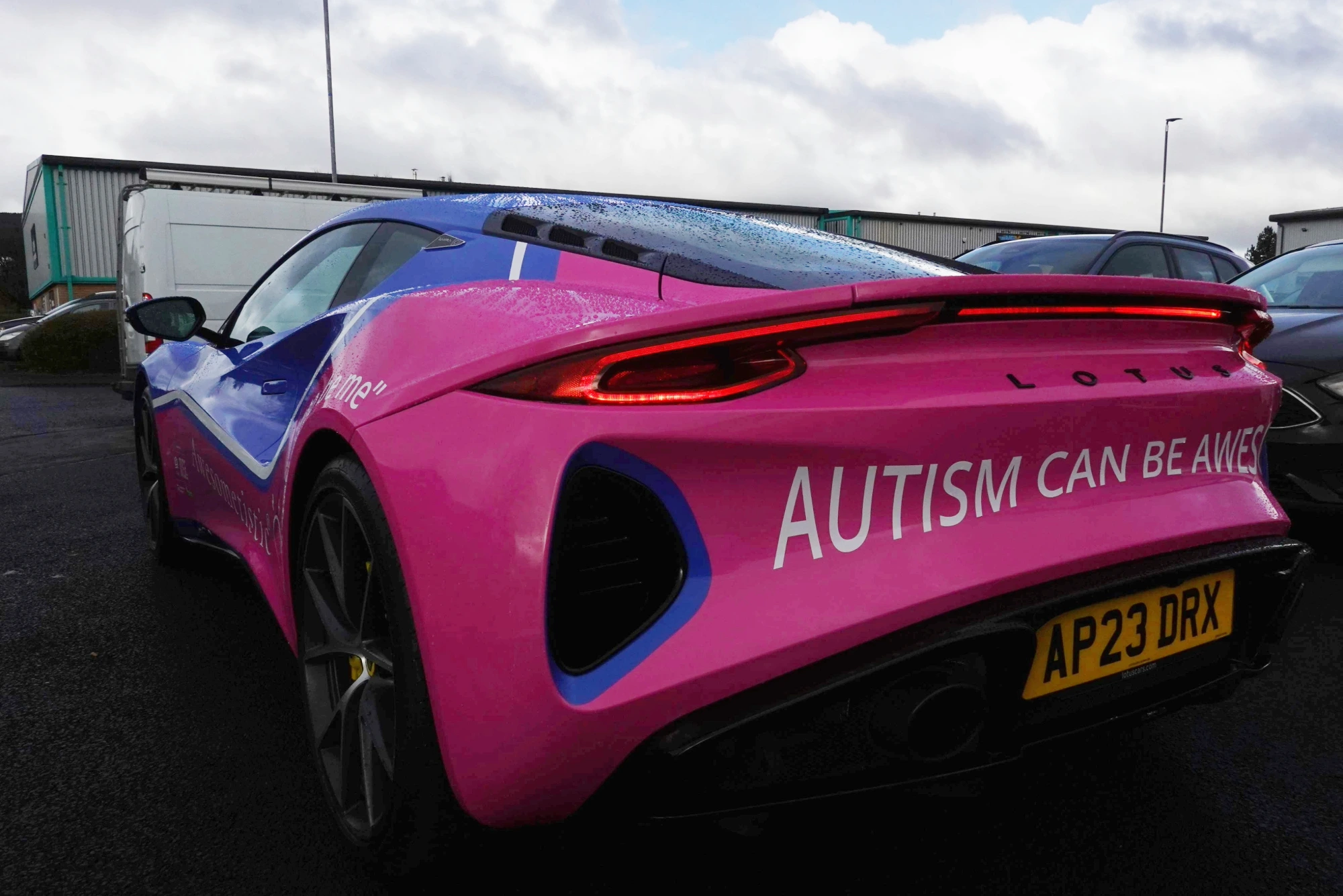 Lotus Emira after a fresh half rewrap done by Team Valley Printers in support of Awesometistic.
