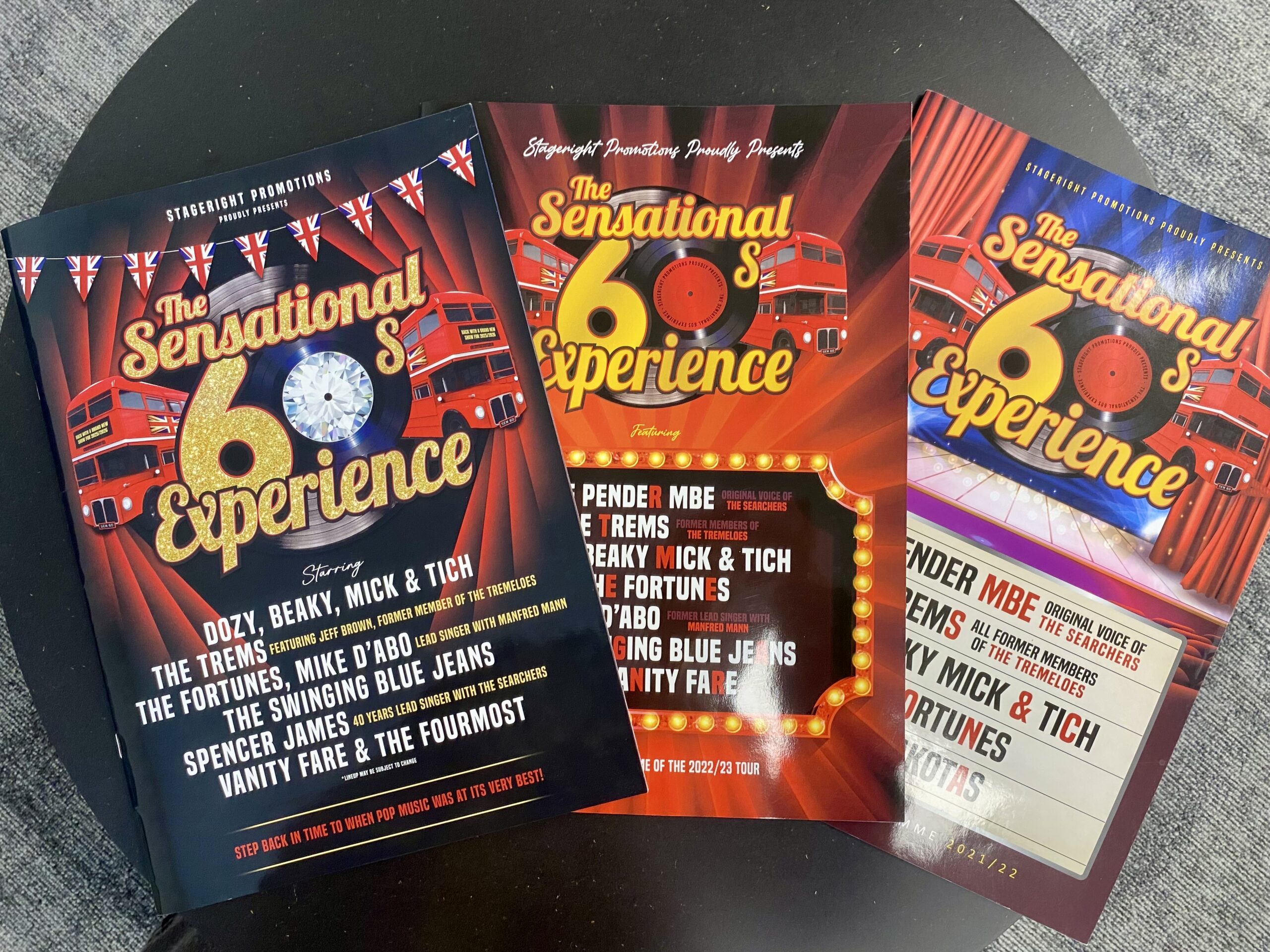 Three editions of The Sensational 60s Experience brochures, showing their evolution over the years.