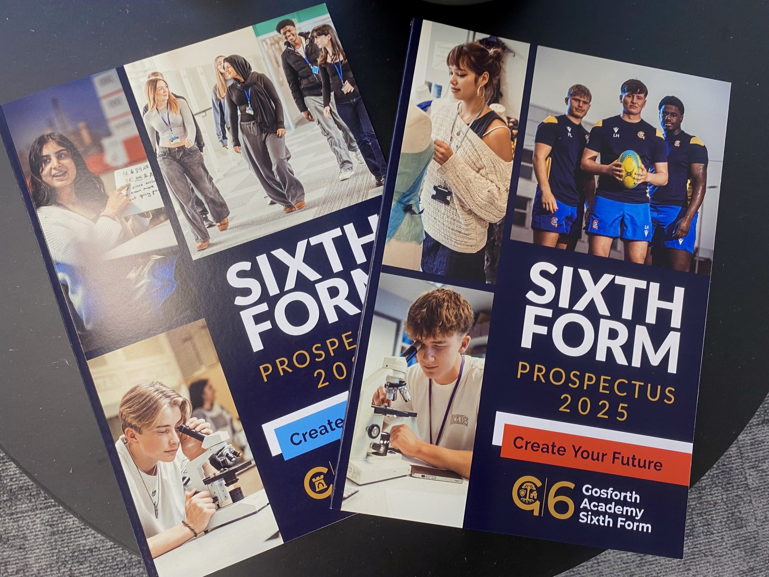 Two editions of Gosforth Academy Sixth Form prospectus.